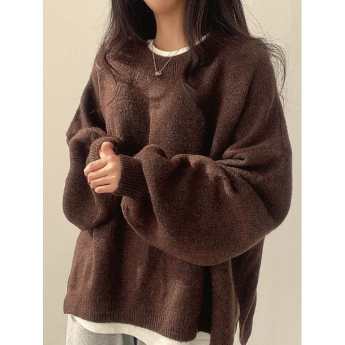 大碼韓版慵嬾風圓領毛衣女秋冬2025新款胖MM顯瘦加厚保暖開叉上衣