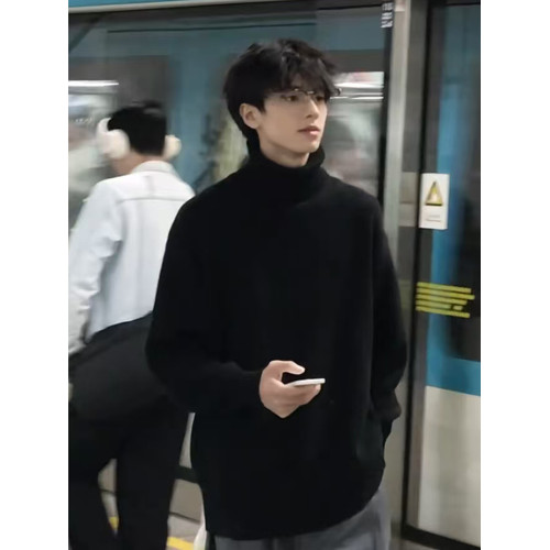 黑色高領毛衣男款秋冬季加絨加厚慵嬾高級感痞帥風cleanfit針織衫