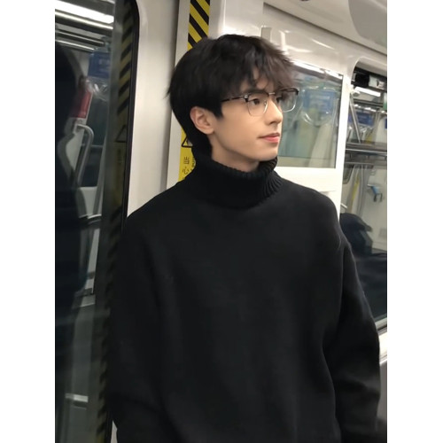 黑色高領毛衣男款秋冬季加絨加厚慵嬾高級感痞帥風cleanfit針織衫