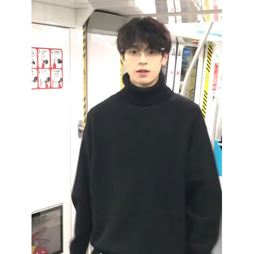 黑色高領毛衣男款秋冬季加絨加厚慵嬾高級感痞帥風cleanfit針織衫