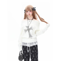 Basterds 輕亞風十字架塗鴉一字肩針織衫毛衣女秋冬辣妹顯瘦上衣