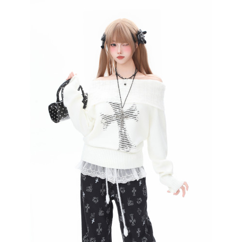 Basterds 輕亞風十字架塗鴉一字肩針織衫毛衣女秋冬辣妹顯瘦上衣