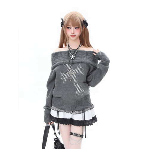 Basterds 輕亞風十字架塗鴉一字肩針織衫毛衣女秋冬辣妹顯瘦上衣