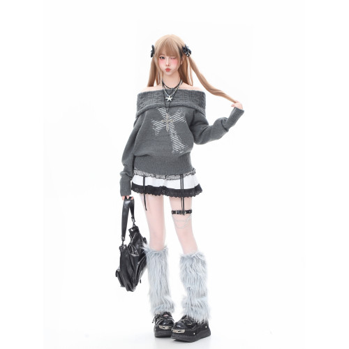 Basterds 輕亞風十字架塗鴉一字肩針織衫毛衣女秋冬辣妹顯瘦上衣