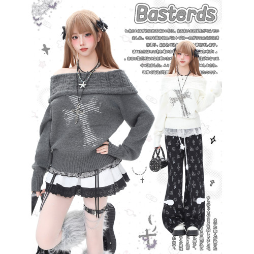Basterds 輕亞風十字架塗鴉一字肩針織衫毛衣女秋冬辣妹顯瘦上衣