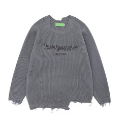 國潮美式不規則破洞毛衣男女秋冬新款高街潮牌圓領套頭情侶針織衫