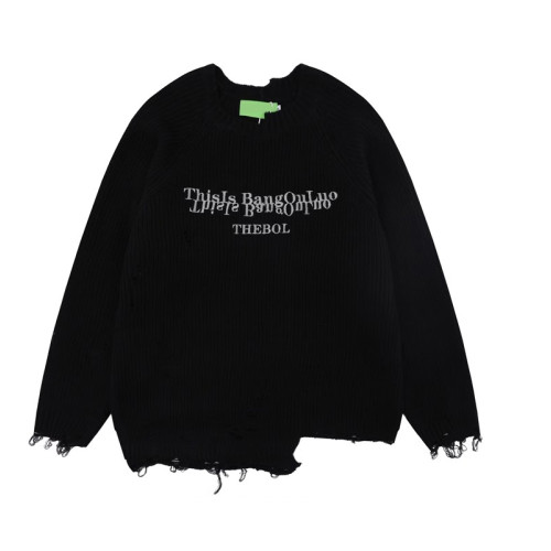 國潮美式不規則破洞毛衣男女秋冬新款高街潮牌圓領套頭情侶針織衫