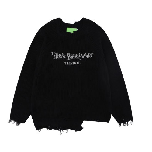 國潮美式不規則破洞毛衣男女秋冬新款高街潮牌圓領套頭情侶針織衫