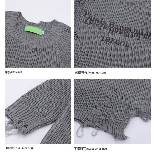 國潮美式不規則破洞毛衣男女秋冬新款高街潮牌圓領套頭情侶針織衫