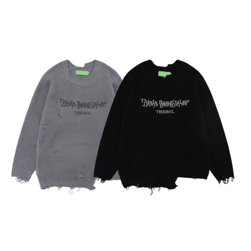 國潮美式不規則破洞毛衣男女秋冬新款高街潮牌圓領套頭情侶針織衫