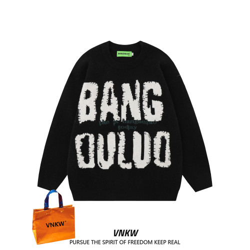 國潮美式字母印花毛衣男女秋冬季加厚慵懶風寬松圓領針織情侶上衣