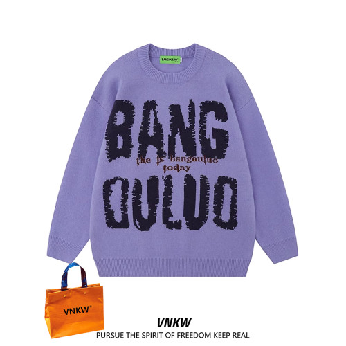 國潮美式字母印花毛衣男女秋冬季加厚慵懶風寬松圓領針織情侶上衣