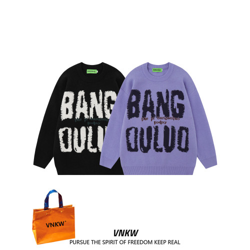 國潮美式字母印花毛衣男女秋冬季加厚慵懶風寬松圓領針織情侶上衣