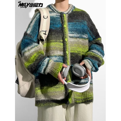 NELY小尼力開衫毛衣國潮牌秋冬新款設計感撞色拼接情侶針織衫男女