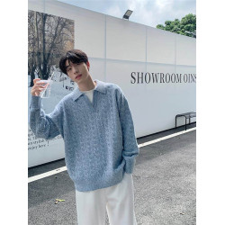 韓版灰色假兩件V領套頭毛衣男秋冬款慵懶風寬松垂感針織開衫外套