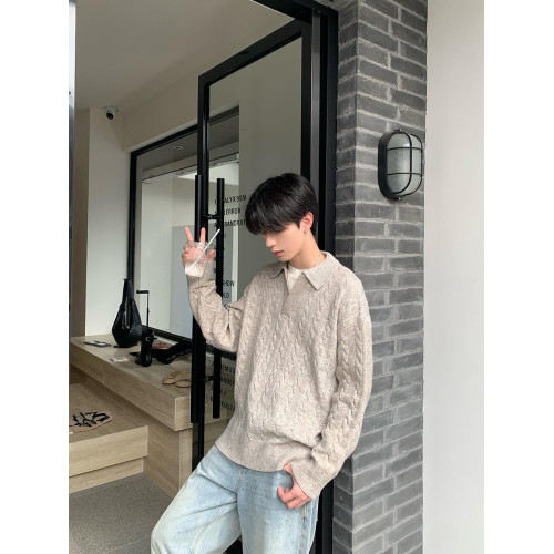 韓版灰色假兩件V領套頭毛衣男秋冬款慵懶風寬松垂感針織開衫外套 韓版灰色假兩件V領套頭毛衣男秋冬款慵懶風寬松垂感針織開衫外套