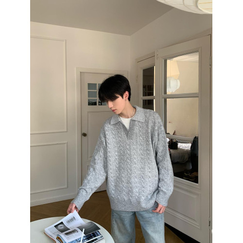 韓版灰色假兩件V領套頭毛衣男秋冬款慵懶風寬松垂感針織開衫外套 韓版灰色假兩件V領套頭毛衣男秋冬款慵懶風寬松垂感針織開衫外套