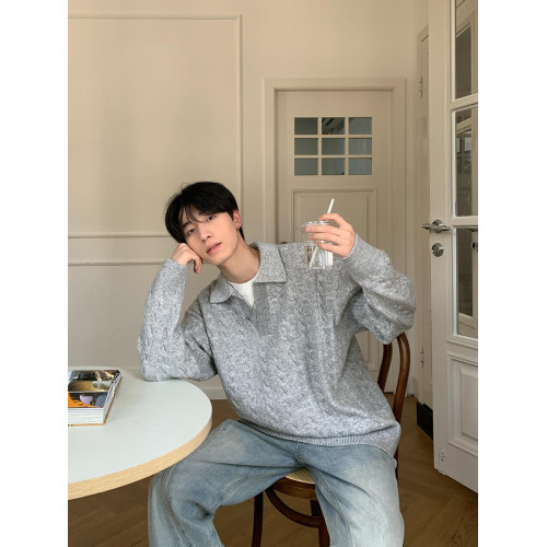 韓版灰色假兩件V領套頭毛衣男秋冬款慵懶風寬松垂感針織開衫外套 韓版灰色假兩件V領套頭毛衣男秋冬款慵懶風寬松垂感針織開衫外套