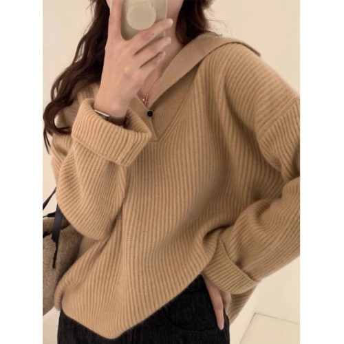 春秋新款韓版寬鬆V領套頭毛衣女白領慵嬾針織衫百搭設計感羊毛衫