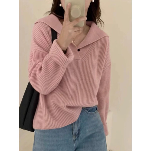 春秋新款韓版寬鬆V領套頭毛衣女白領慵嬾針織衫百搭設計感羊毛衫