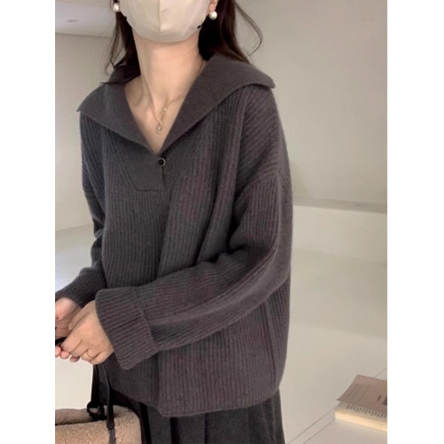 春秋新款韓版寬鬆V領套頭毛衣女白領慵嬾針織衫百搭設計感羊毛衫