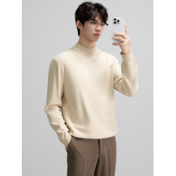 OWNR杏色中領修身內搭毛衣男2025秋季新款保暖半高領含羊毛打底衫