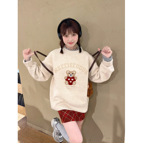 秋冬復古毛巾綉小熊套頭毛衣女寬鬆慵嬾風重磅圓領針織打底衫上衣