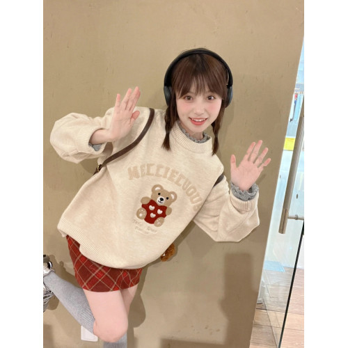 秋冬復古毛巾綉小熊套頭毛衣女寬鬆慵嬾風重磅圓領針織打底衫上衣