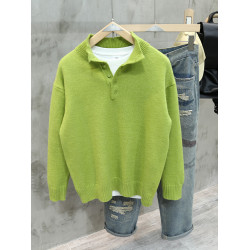 秋冬款復古美式亨利領綠色毛衣男裝韓版潮流寬松慵懶風針織衫外套