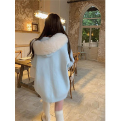 2025新款大毛領連帽毛衣針織開衫外套慵懶風超好看寬松加厚秋冬款