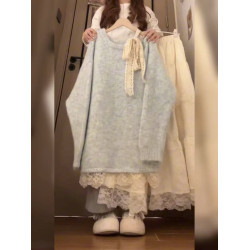 胖mm300斤大碼蕾絲拼接系帶蝴蝶結露肩毛衣女秋冬寬鬆針織衫上衣