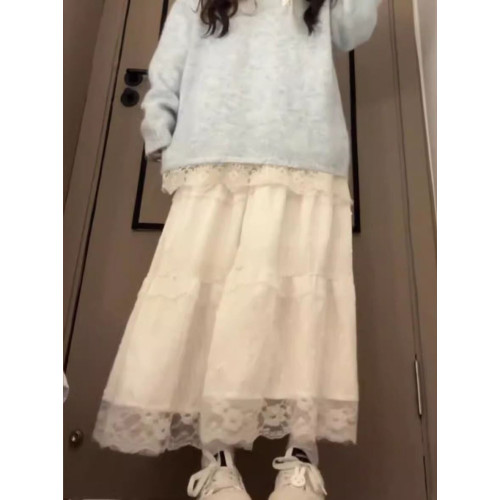 胖mm300斤大碼蕾絲拼接系帶蝴蝶結露肩毛衣女秋冬寬鬆針織衫上衣