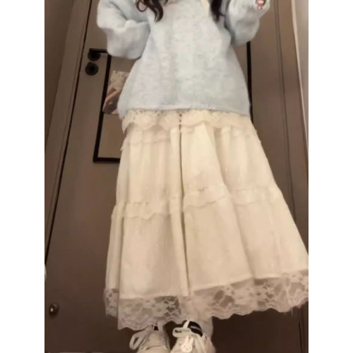 胖mm300斤大碼蕾絲拼接系帶蝴蝶結露肩毛衣女秋冬寬鬆針織衫上衣