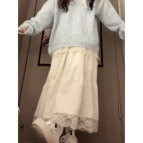 胖mm300斤大碼蕾絲拼接系帶蝴蝶結露肩毛衣女秋冬寬鬆針織衫上衣