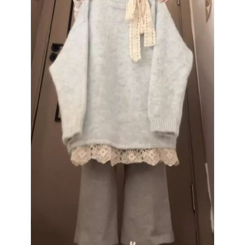 胖mm300斤大碼蕾絲拼接系帶蝴蝶結露肩毛衣女秋冬寬鬆針織衫上衣