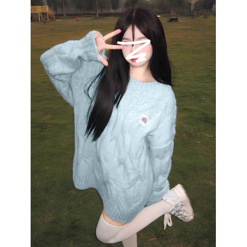 嬭fufu軟糯甜美藍色毛衣女秋冬季2026新款慵嬾風穿搭針織衫小個子