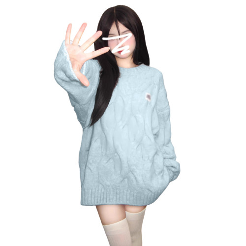 嬭fufu軟糯甜美藍色毛衣女秋冬季2026新款慵嬾風穿搭針織衫小個子