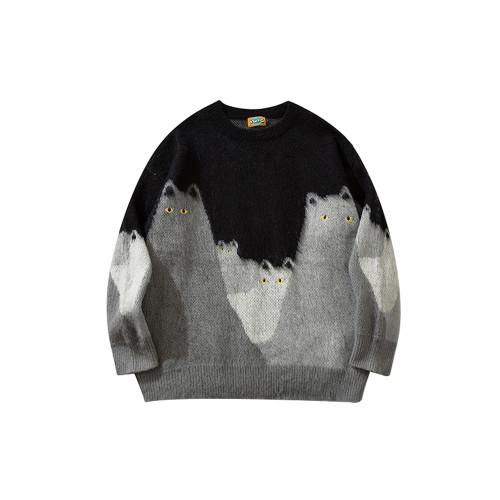 悟空有貨復古趣味可愛貓咪圓領毛衣男女潮牌寬松慵懶風百搭針織衫 悟空有貨復古趣味可愛貓咪圓領毛衣男女潮牌寬松慵懶風百搭針織衫