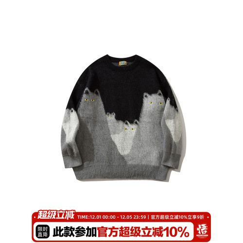 悟空有貨復古趣味可愛貓咪圓領毛衣男女潮牌寬松慵懶風百搭針織衫 悟空有貨復古趣味可愛貓咪圓領毛衣男女潮牌寬松慵懶風百搭針織衫