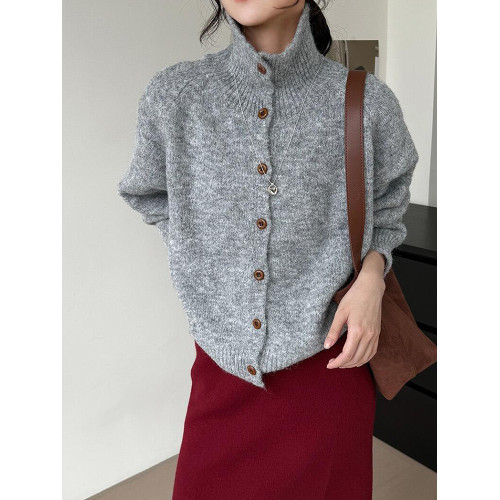 復古新年紅色半高領毛衣外套開衫女秋冬季軟糯慵嬾風針織衫上衣