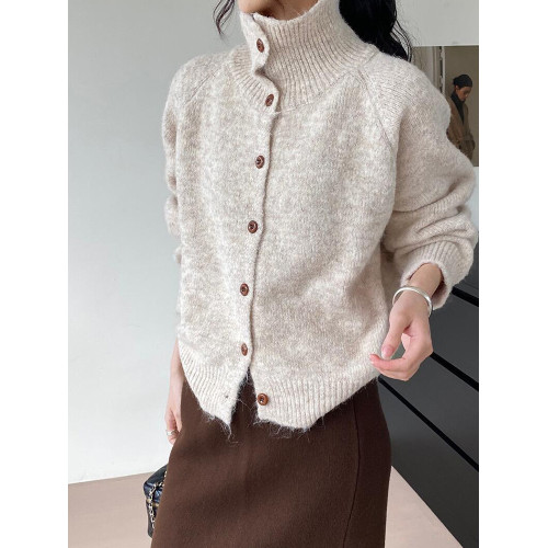 復古新年紅色半高領毛衣外套開衫女秋冬季軟糯慵嬾風針織衫上衣