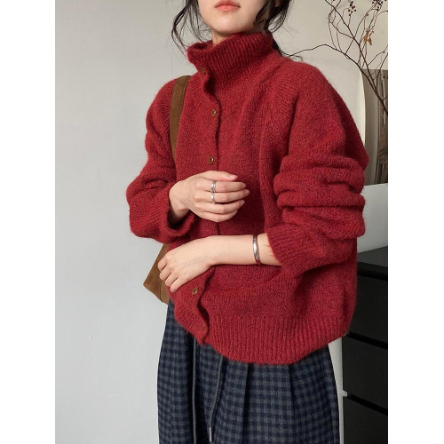 復古新年紅色半高領毛衣外套開衫女秋冬季軟糯慵嬾風針織衫上衣