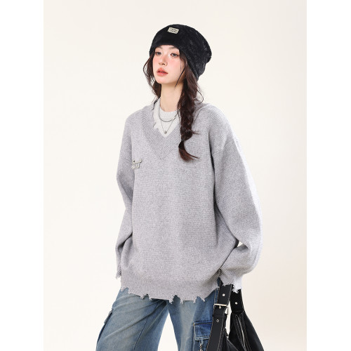 AONW美式復古假兩件慵嬾風毛衣針織衫女情侶寬鬆休閒百搭長袖上衣