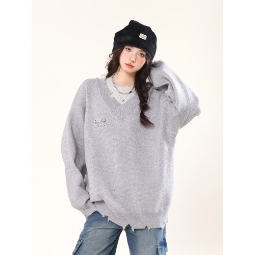 AONW美式復古假兩件慵嬾風毛衣針織衫女情侶寬鬆休閒百搭長袖上衣