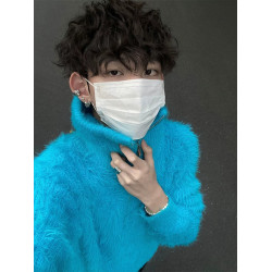 海馬毛藍色毛衣男慵懶高級感cleanfit秋冬款半拉鍊高領針織衫長袖
