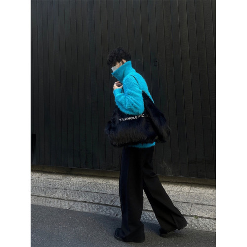 海馬毛藍色毛衣男慵懶高級感cleanfit秋冬款半拉鍊高領針織衫長袖 海馬毛藍色毛衣男慵懶高級感cleanfit秋冬款半拉鍊高領針織衫長袖