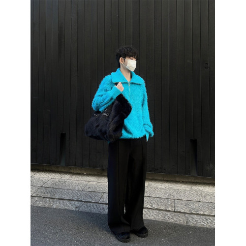 海馬毛藍色毛衣男慵懶高級感cleanfit秋冬款半拉鍊高領針織衫長袖 海馬毛藍色毛衣男慵懶高級感cleanfit秋冬款半拉鍊高領針織衫長袖