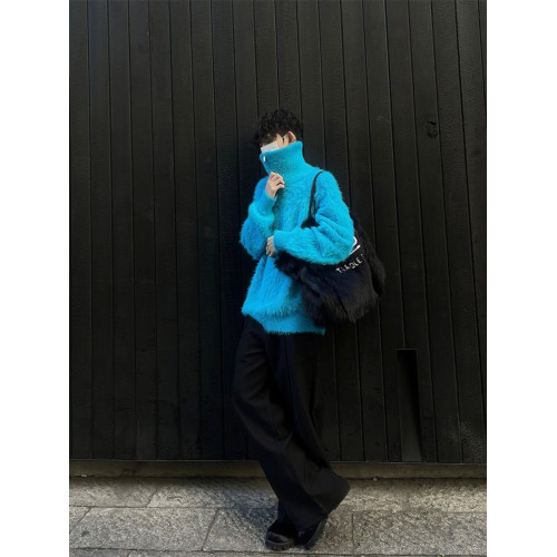 海馬毛藍色毛衣男慵懶高級感cleanfit秋冬款半拉鍊高領針織衫長袖 海馬毛藍色毛衣男慵懶高級感cleanfit秋冬款半拉鍊高領針織衫長袖