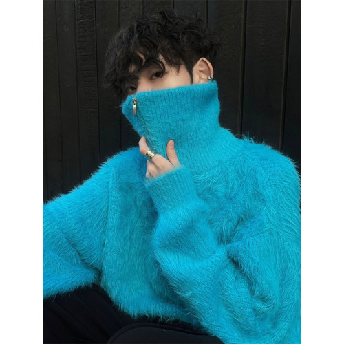 海馬毛藍色毛衣男慵懶高級感cleanfit秋冬款半拉鍊高領針織衫長袖 海馬毛藍色毛衣男慵懶高級感cleanfit秋冬款半拉鍊高領針織衫長袖