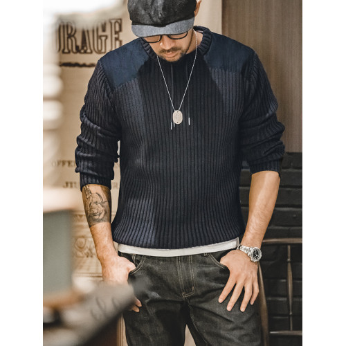 馬登工裝 美式復古竪條紋拼接毛衣圓領修身硬漢風戰術針織衫男秋 馬登工裝 美式復古竪條紋拼接毛衣圓領修身硬漢風戰術針織衫男秋